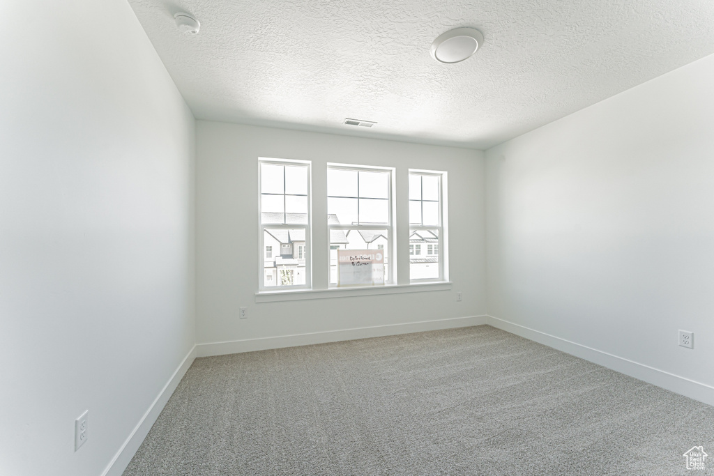 Spare room featuring light carpet, a textured ceiling, and baseboards