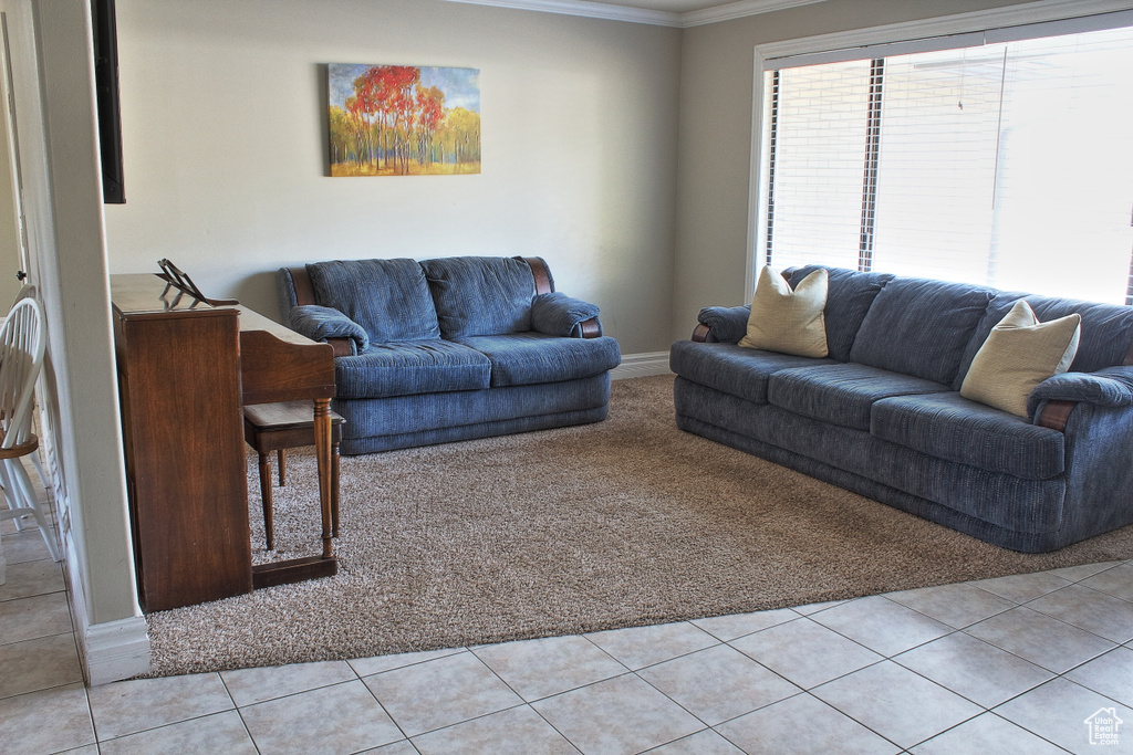 Tiled living room featuring crown molding