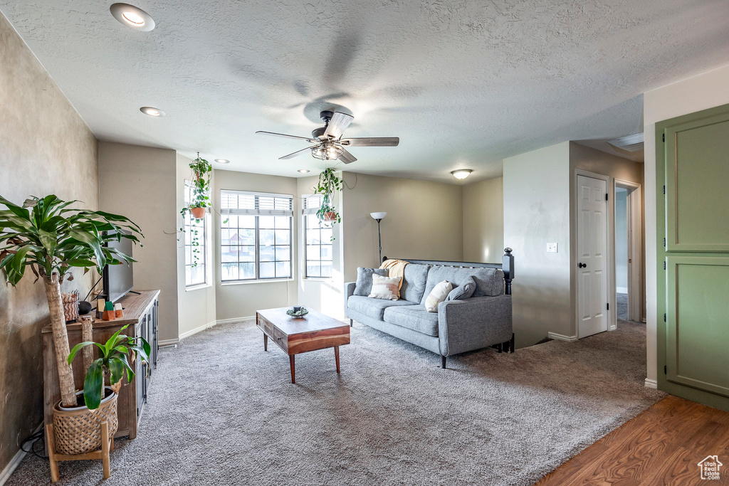 Living room with ceiling fan, wood-type flooring, and a textured ceiling