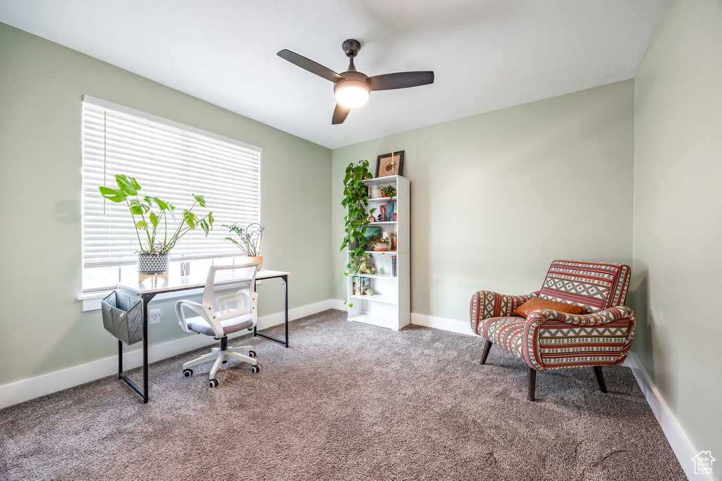 Carpeted office space with ceiling fan