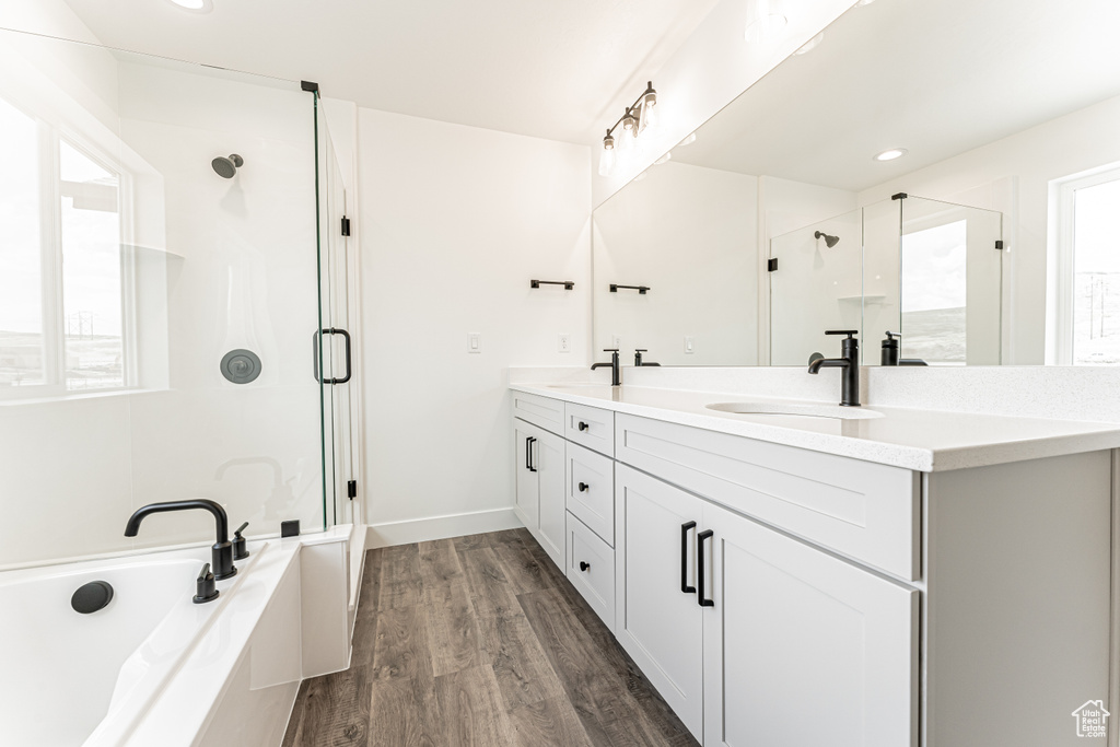 Bathroom featuring a bath, double vanity, a stall shower, wood finished floors, and plenty of natural light