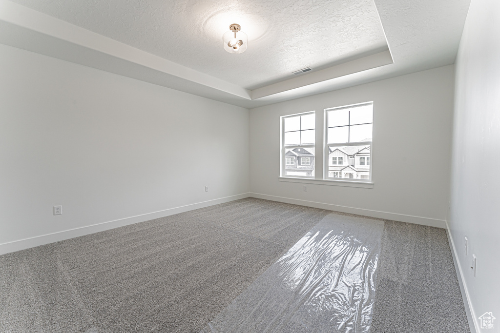 Empty room with a textured ceiling, a tray ceiling, light colored carpet, and baseboards