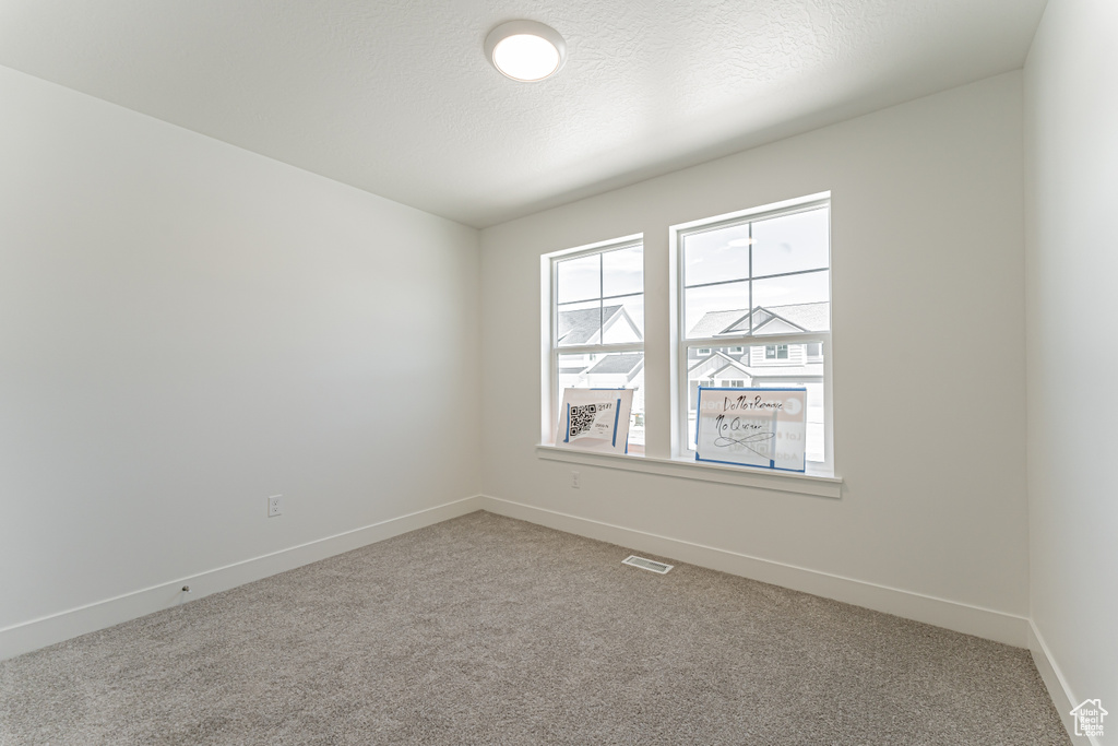 Unfurnished room with light colored carpet, baseboards, and a textured ceiling