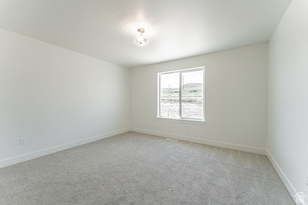 Unfurnished room with light carpet, baseboards, and a textured ceiling