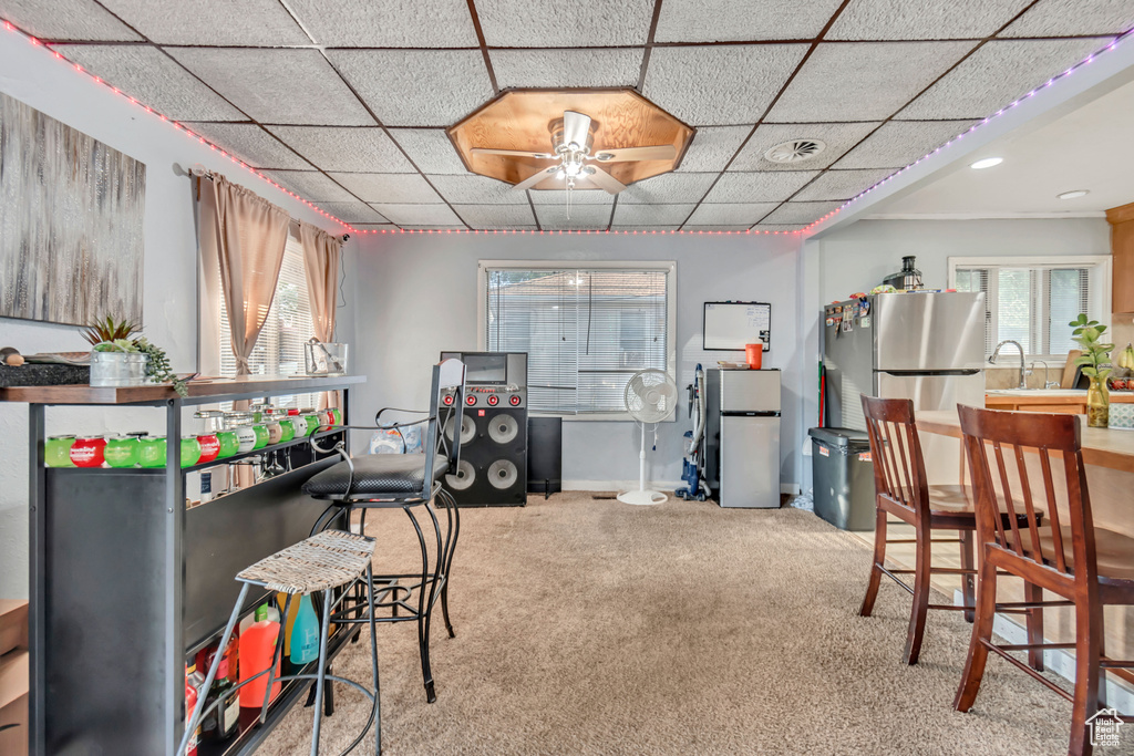 Rec room with carpet, ceiling fan, and sink
