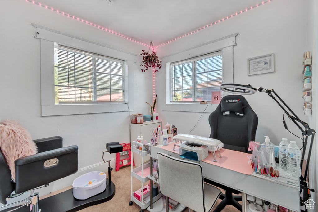 Office area featuring carpet floors