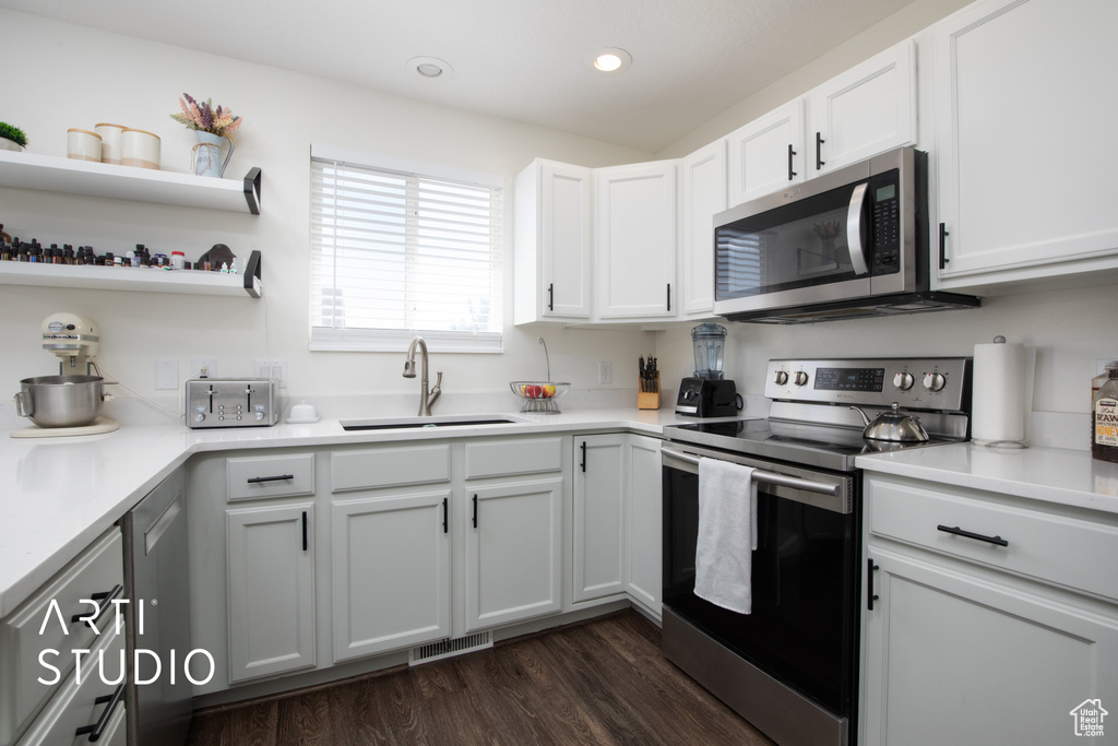 Kitchen with white cabinets, stainless steel appliances, dark hardwood / wood-style floors, and sink