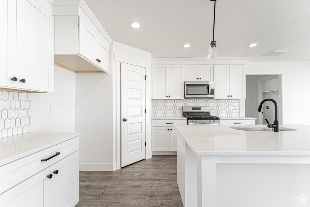Kitchen featuring stainless steel appliances, a sink, dark wood finished floors, white cabinetry, and recessed lighting