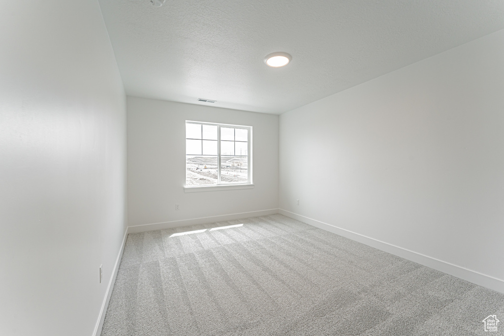 Unfurnished room with light carpet, baseboards, and a textured ceiling