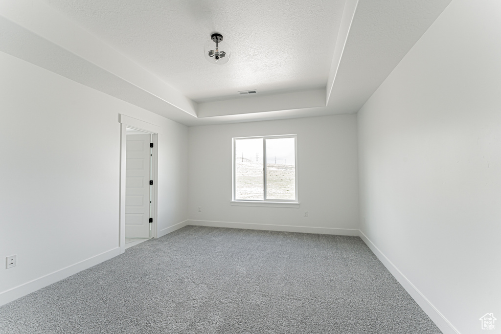 Carpeted empty room with a textured ceiling, baseboards, and a raised ceiling