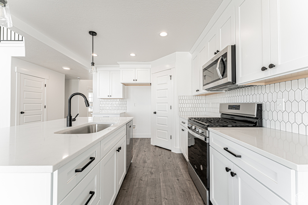 Kitchen with stainless steel appliances, a sink, wood finished floors, decorative backsplash, and recessed lighting