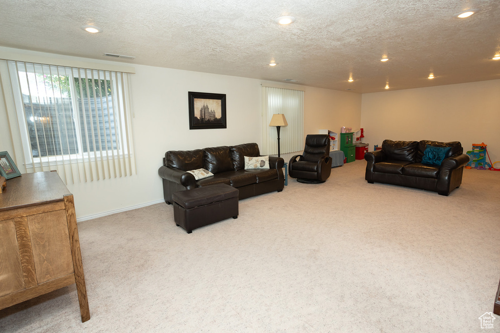 Living room featuring a textured ceiling and light colored carpet