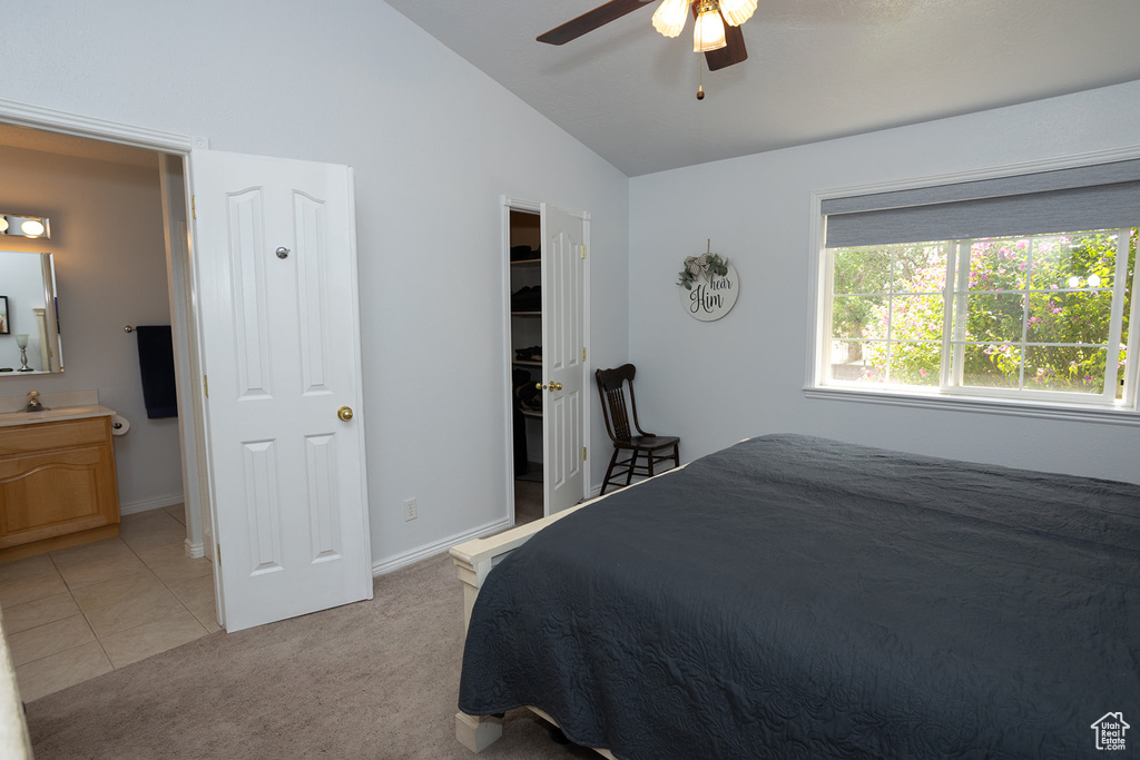 Carpeted bedroom featuring lofted ceiling, ceiling fan, and sink