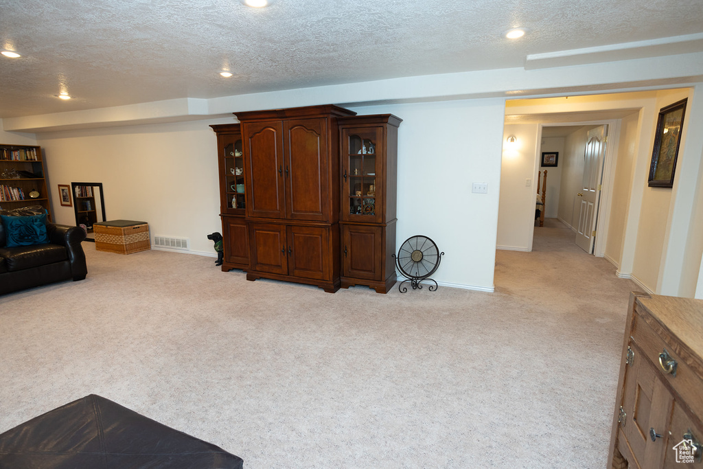 Living room featuring a textured ceiling and light colored carpet