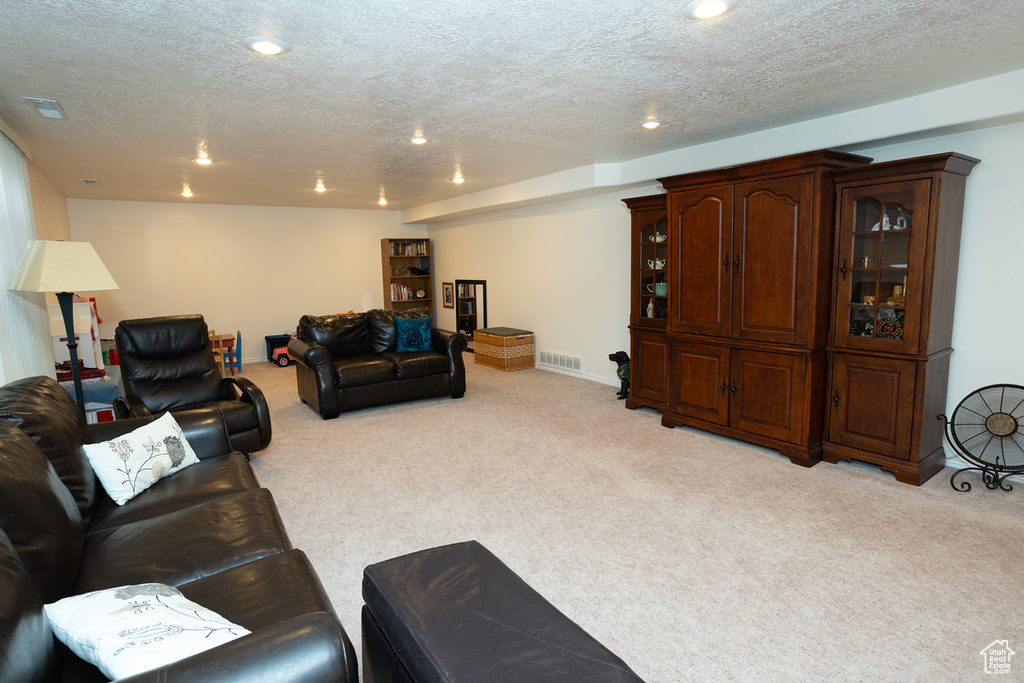 Living room with light carpet and a textured ceiling