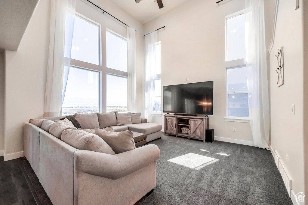 Living room featuring a wealth of natural light, ceiling fan, and carpet floors