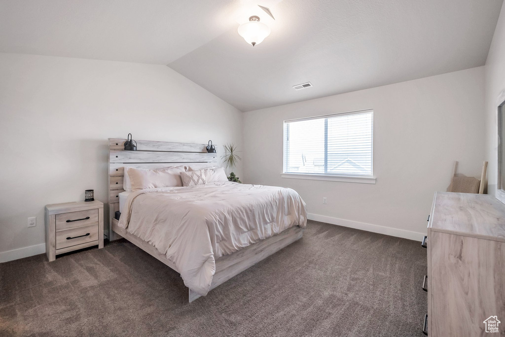 Bedroom featuring dark colored carpet and vaulted ceiling