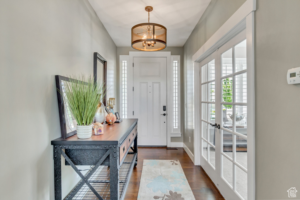 Foyer featuring a chandelier and dark hardwood / wood-style floors