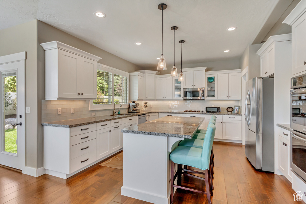 Kitchen with plenty of natural light, a breakfast bar, stainless steel appliances, and light hardwood / wood-style flooring