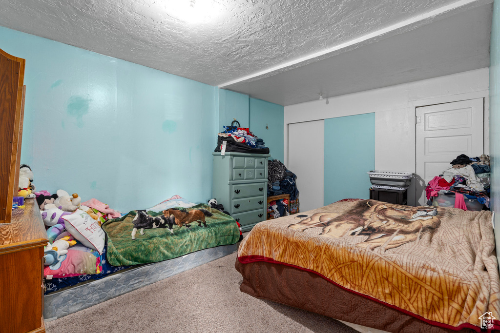 Bedroom featuring carpet and a textured ceiling