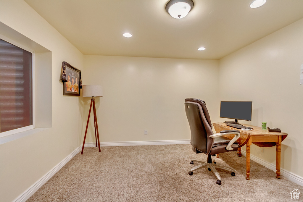 View of carpeted home office