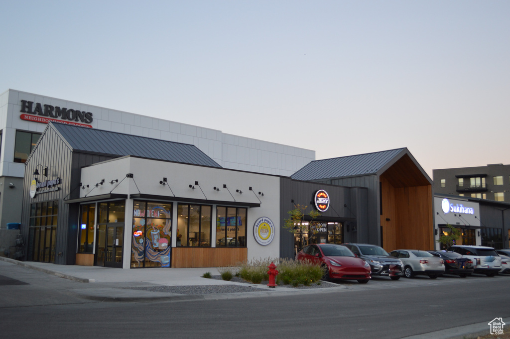 View of outdoor building at dusk