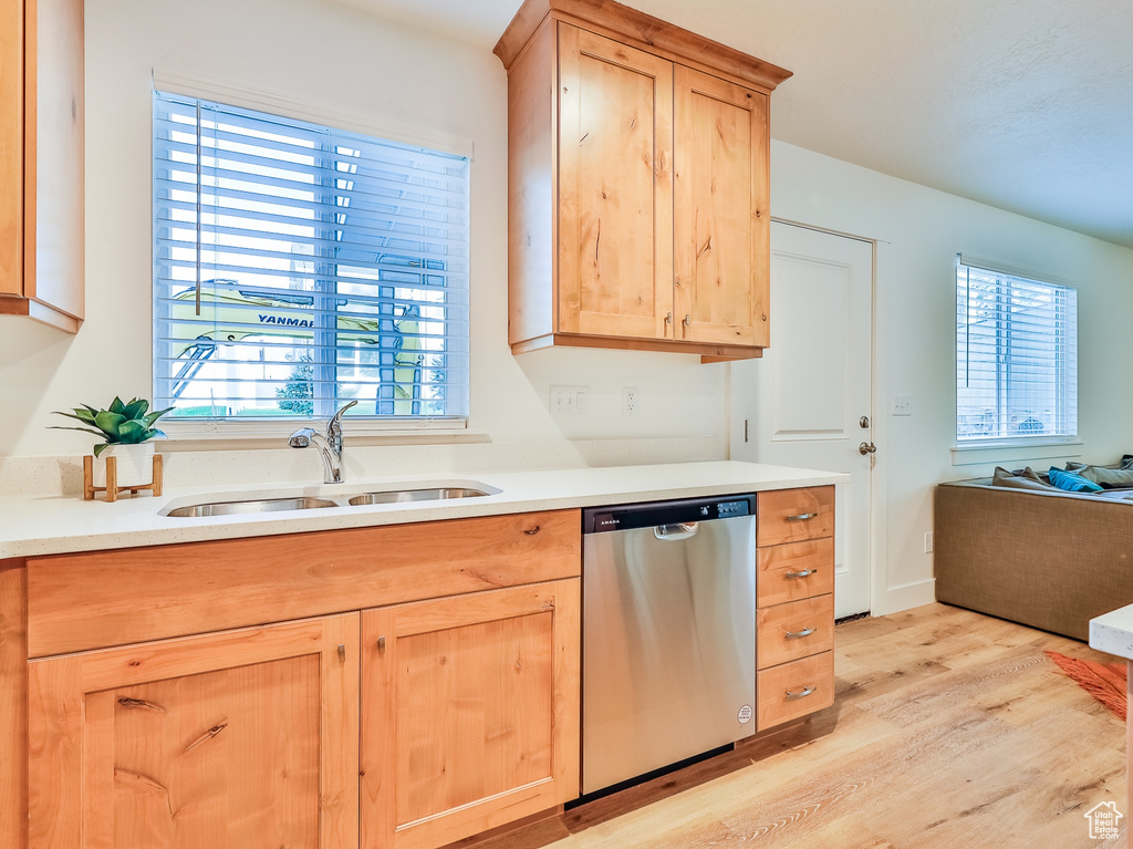 Kitchen with sink, plenty of natural light, light hardwood / wood-style floors, and stainless steel dishwasher