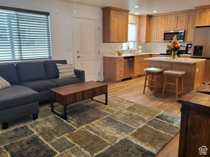 Living area with light wood-type flooring and recessed lighting
