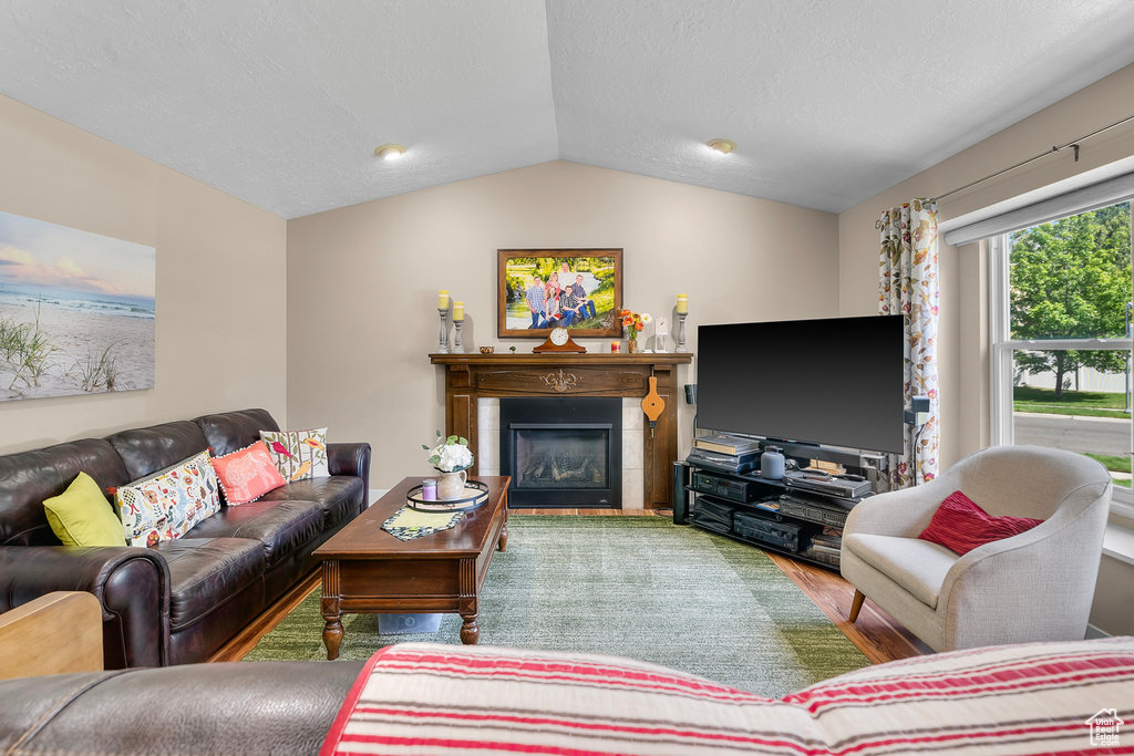 Living room with lofted ceiling, hardwood / wood-style flooring, and a textured ceiling