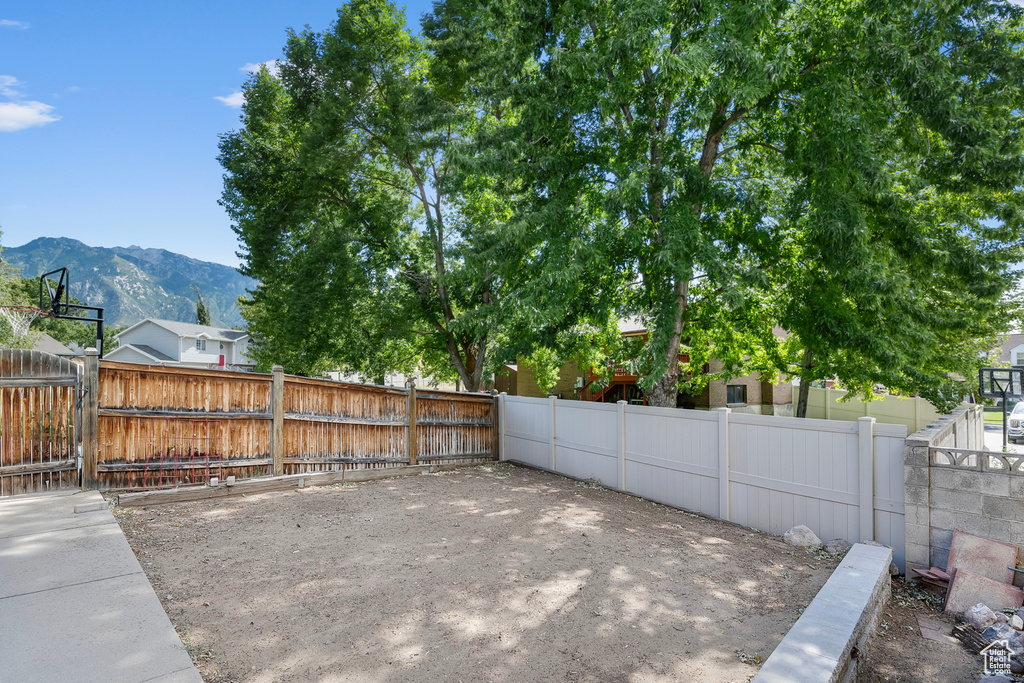 View of patio featuring a mountain view