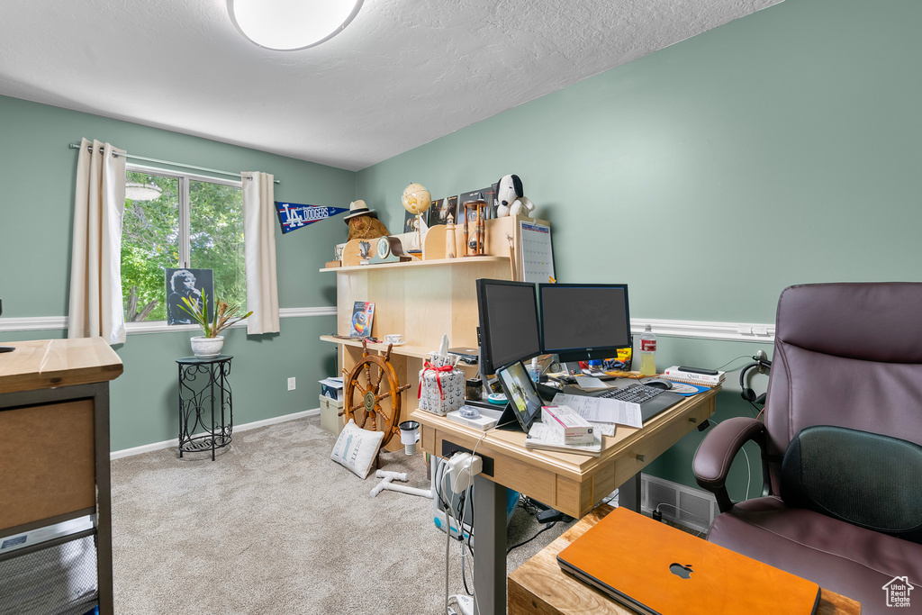 Office space with a textured ceiling and light carpet