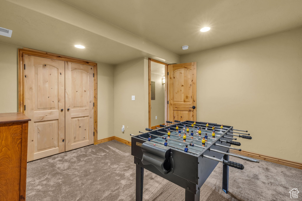 Recreation room with carpet flooring