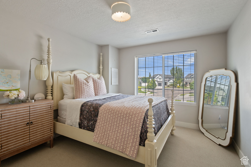 Carpeted bedroom featuring a textured ceiling