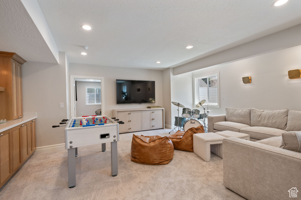 Living room featuring a textured ceiling and light colored carpet