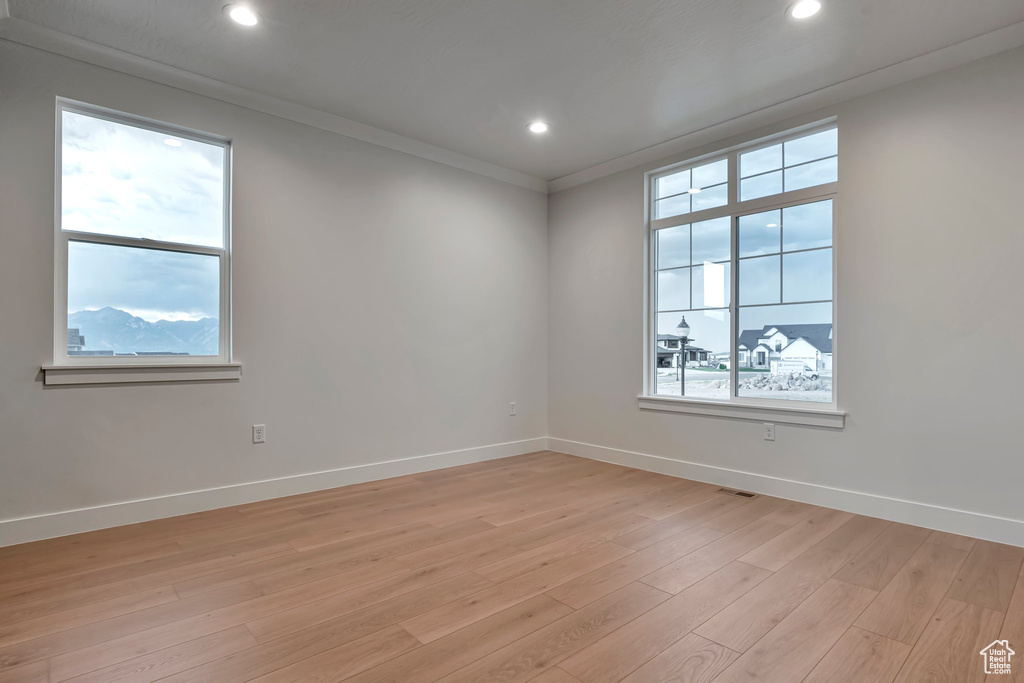 Empty room with a healthy amount of sunlight, ornamental molding, and light hardwood / wood-style floors