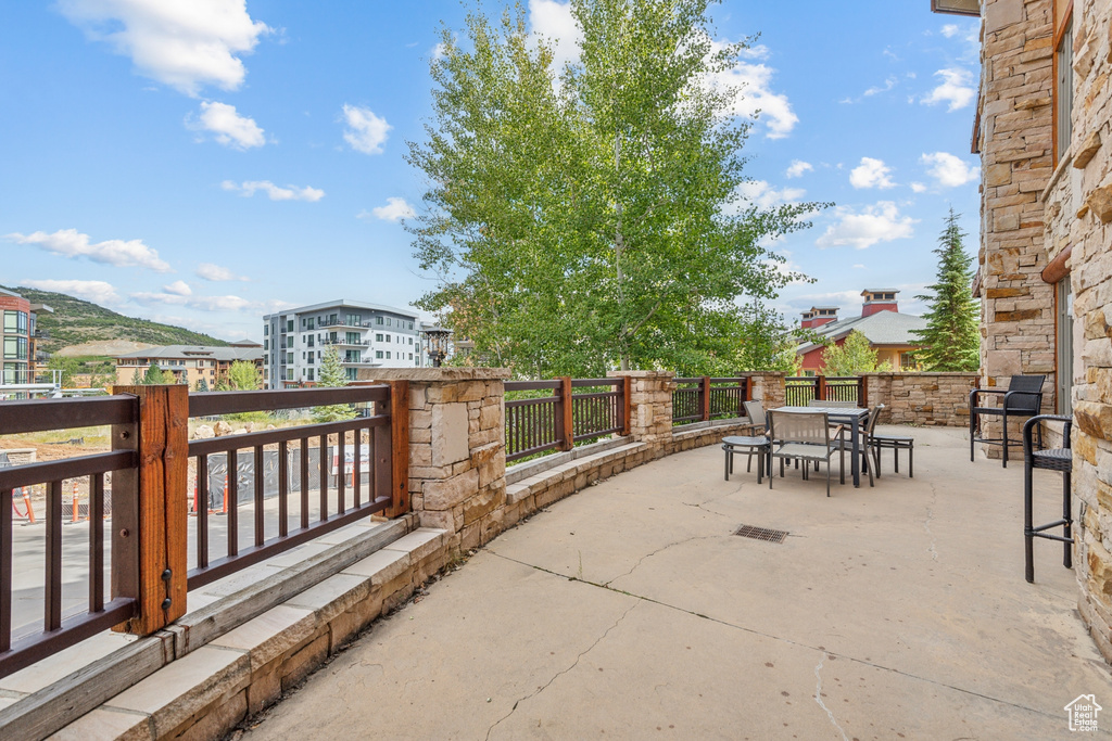 View of patio with a mountain view