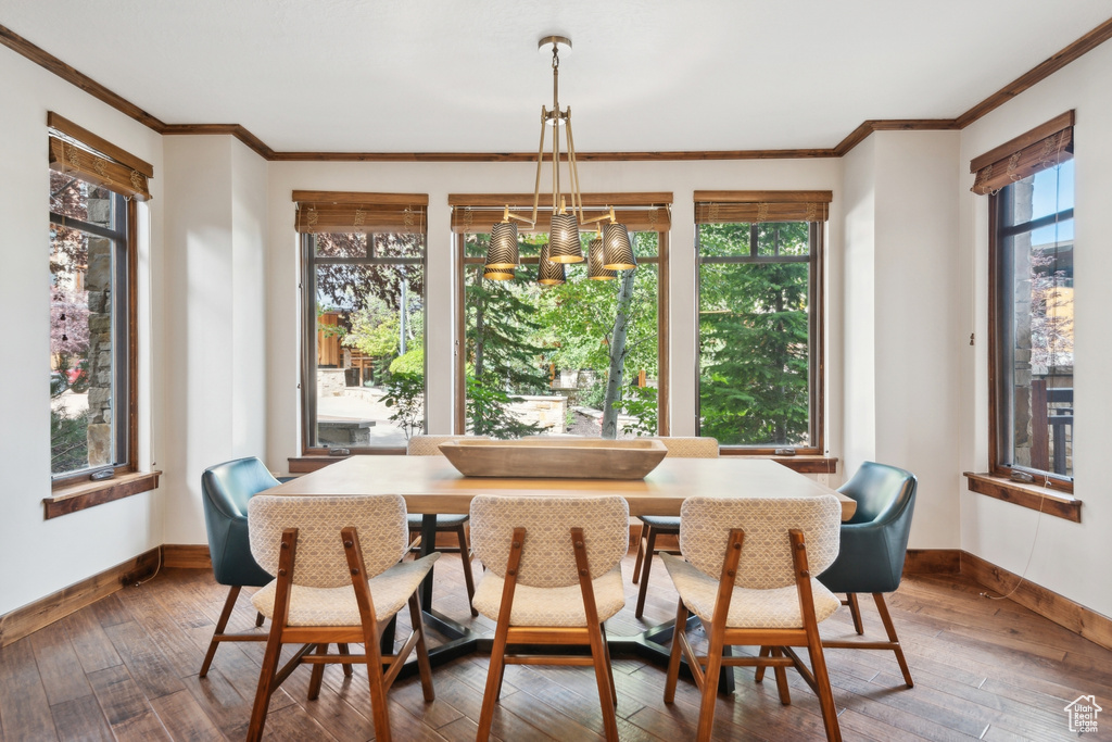 Dining area featuring ornamental molding, wood-type flooring, and a chandelier