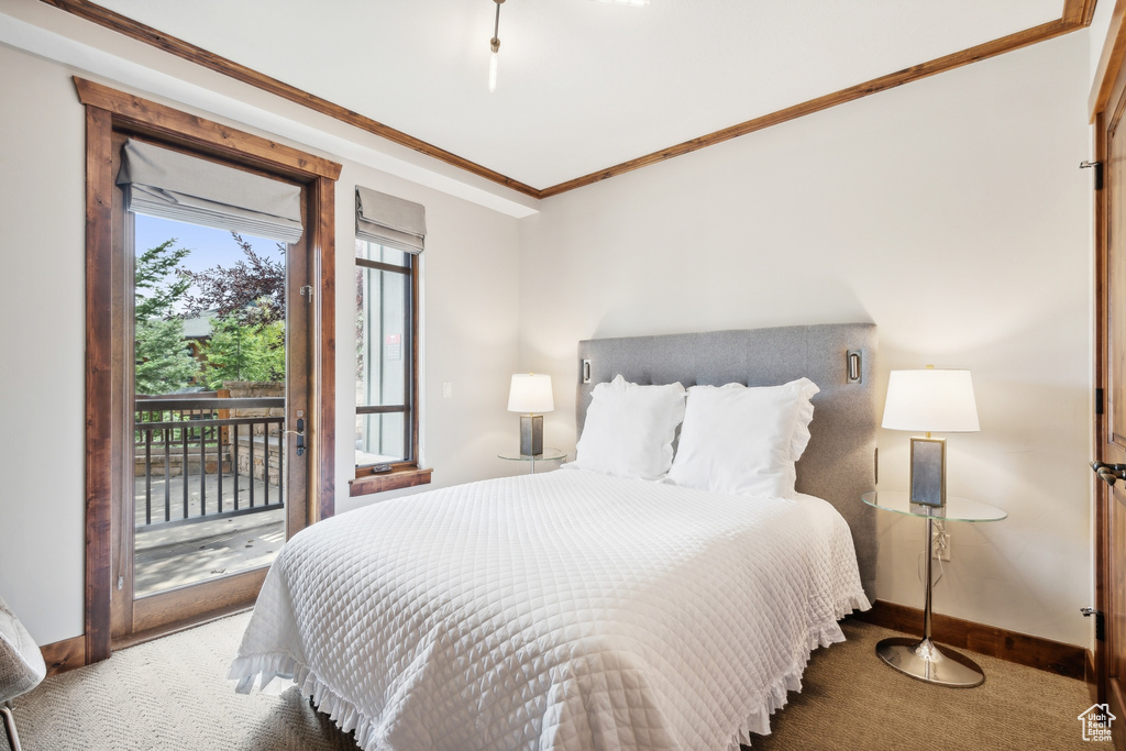 Bedroom with multiple windows, crown molding, access to outside, and carpet floors