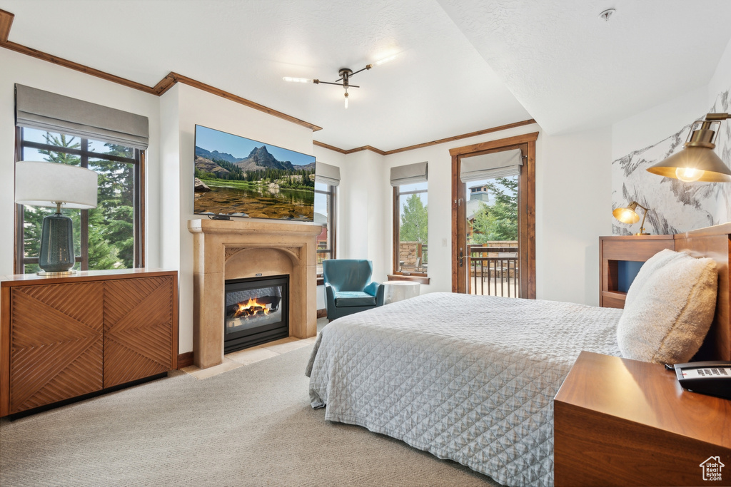 Bedroom featuring light carpet, a multi sided fireplace, crown molding, and access to outside