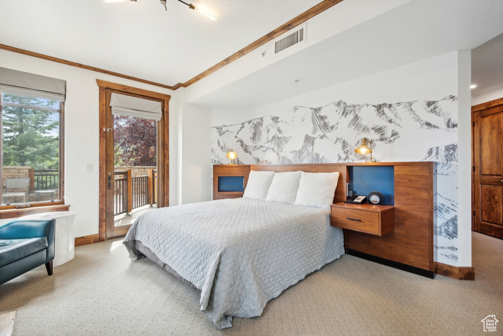 Bedroom featuring light colored carpet, access to exterior, and ornamental molding