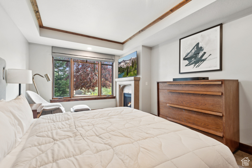 Bedroom featuring a raised ceiling and crown molding