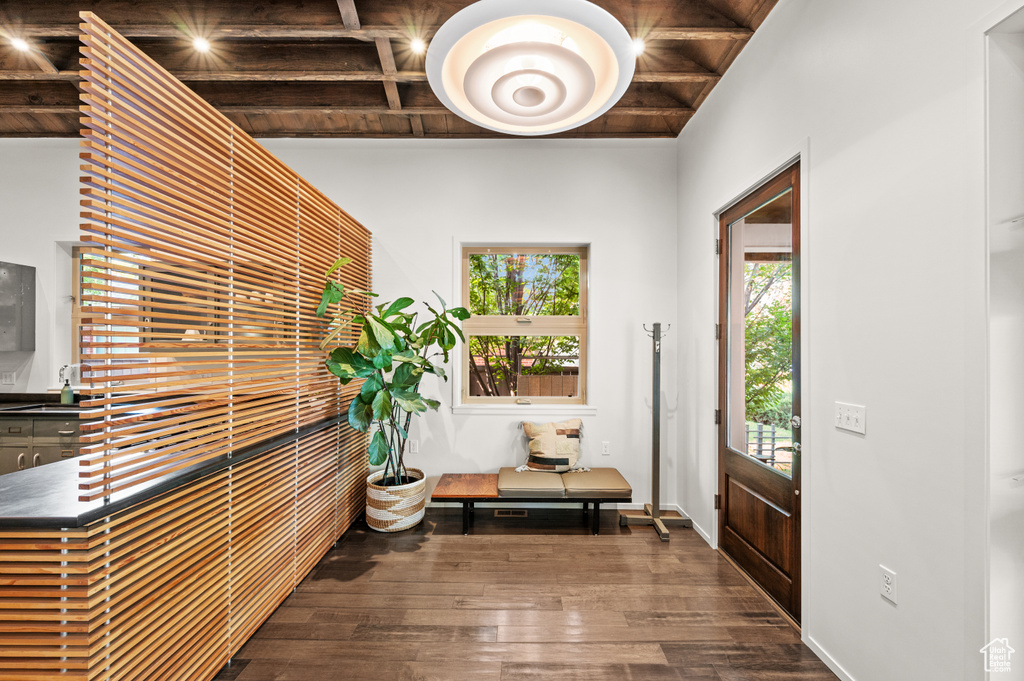 Entrance foyer featuring wood ceiling, a healthy amount of sunlight, beam ceiling, and dark wood-type flooring