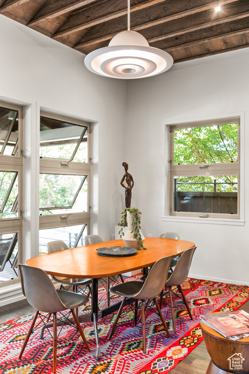 Dining room featuring hardwood / wood-style floors and beam ceiling