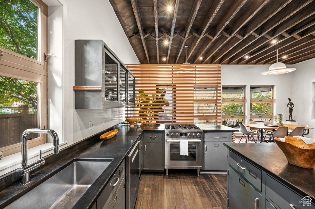 Kitchen featuring gray cabinetry, appliances with stainless steel finishes, dark wood-type flooring, hanging light fixtures, and sink