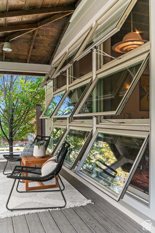 Exterior details featuring wood ceiling