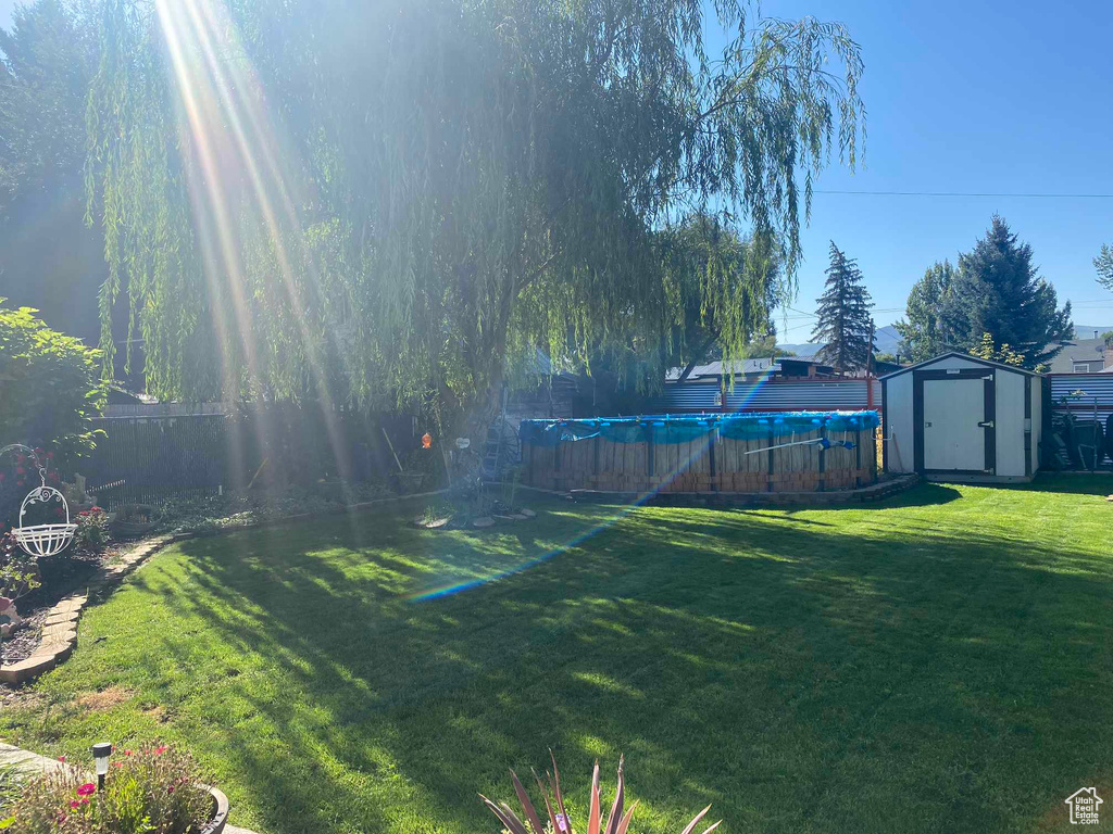 View of yard featuring a storage unit