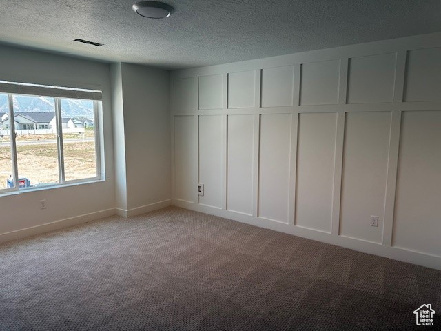 Spare room with light colored carpet and a textured ceiling