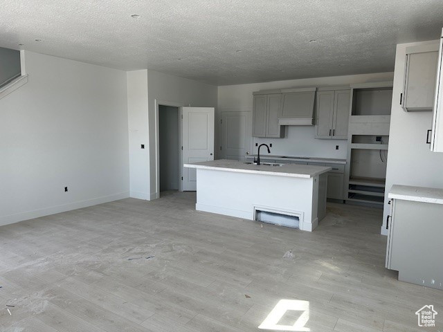 Kitchen with gray cabinets, light hardwood / wood-style flooring, an island with sink, sink, and custom range hood