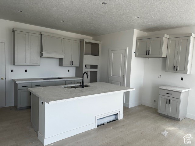 Kitchen featuring gray cabinetry, light wood-type flooring, custom exhaust hood, sink, and a center island with sink