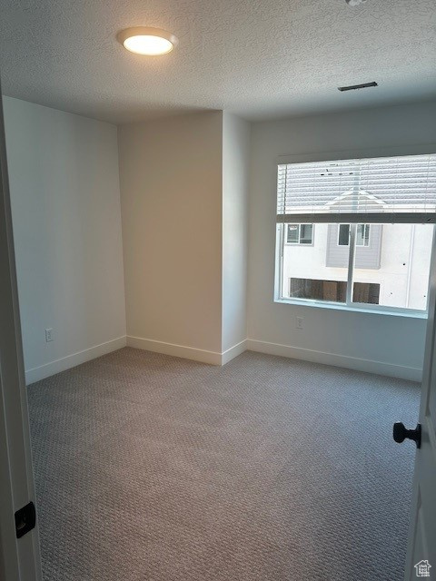 Carpeted spare room with a textured ceiling